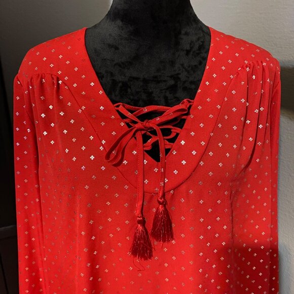 Faded Glory Blouse Womens XL 16-18 Red Peasant Silver Accents Tassels Boho - Picture 3 of 9